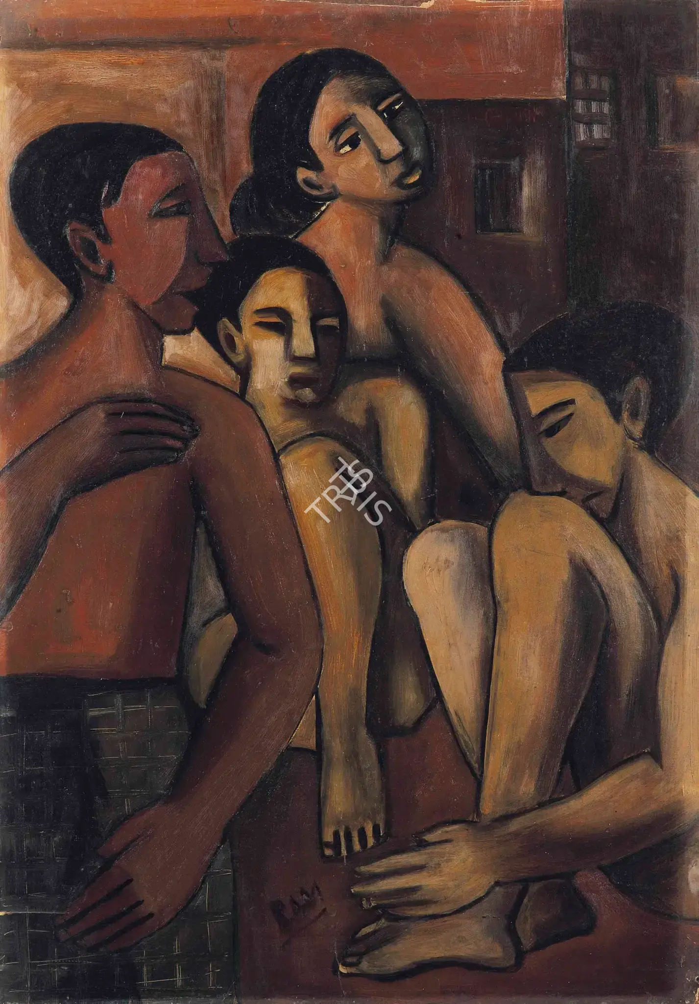 Ramkumar (Artist). Untitled (Family). Oil on paper laid on board, 1957 | Painting | FineArts | 00645692