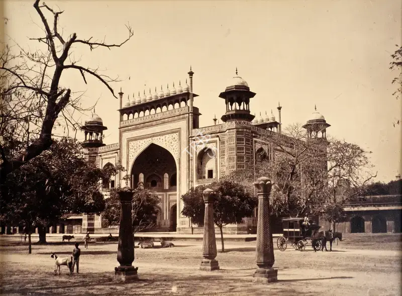 Dayal, Lala Deen (Photographer). Three old lantern posts (without the lanterns on top) in the north-eastern quadrangle to the south of the main gate to the Taj Mahal, Agra. Albumen print, c.1880 | Antiquarian Photograph | Photography | 00115954