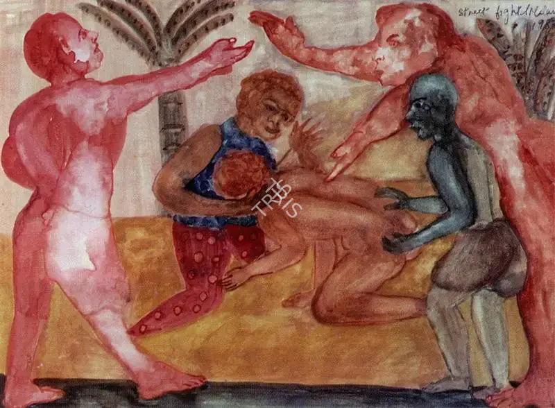 Malani, Nalini (Artist). Street Fight . Watercolor on paper, 1987 | Painting | FineArts | 00371870