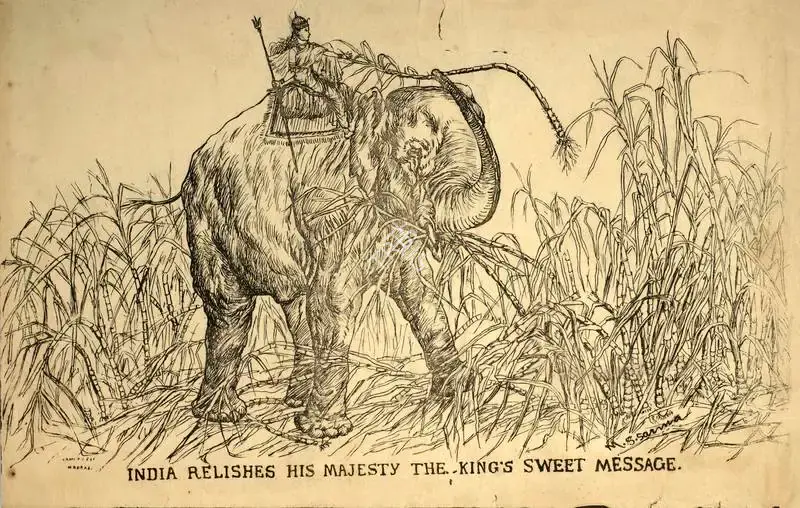 Sarma, M.S. (Artist). India Relishes The King's Sweet Message. Lithographic print on paper | Political Propaganda | PopCulture | 00092355