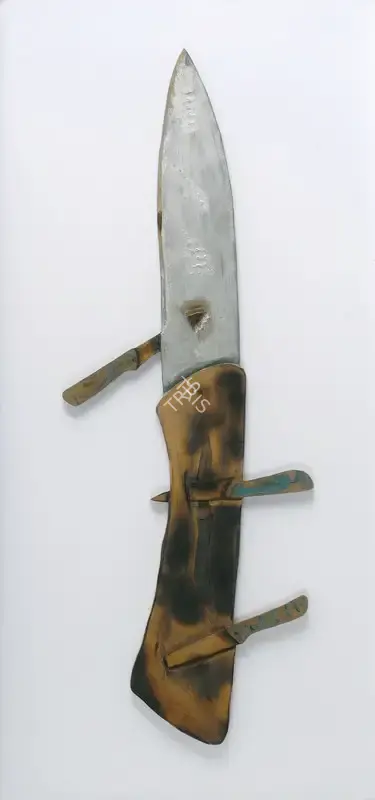 Upadhyay, Hema (Artist). Knife Edge Critical. Mixed media on wood, 1999 | Painting | FineArts | 00575226