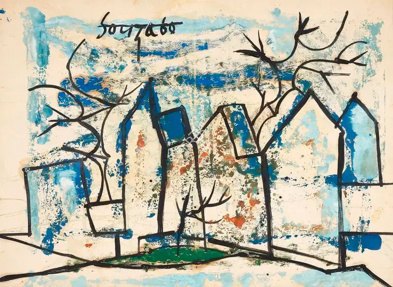 Souza, F.N. (Artist). Untitled (Landscape with Houses), 1960 | Painting