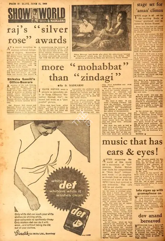 Dev Anand Bereaved. In Blitz - India's Greatest Weekly. p. 18. Bombay: R.K. Karanjia, 11 June 1966 | Film Review | CinemaEducation | 00142874