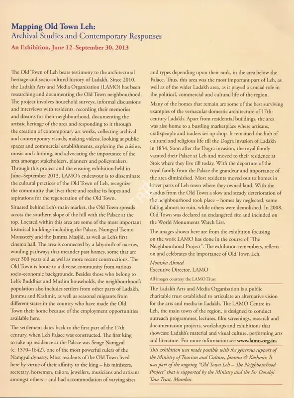 Ahmed, Monisha (Essayist). Mapping Old Town Leh - Archival Studies and Contemporary Responses. In Marg. 65(3), pp. 1-11. Mumbai: Radhika Sabavala, March 2014 | Essay | Scholarship | 00669081