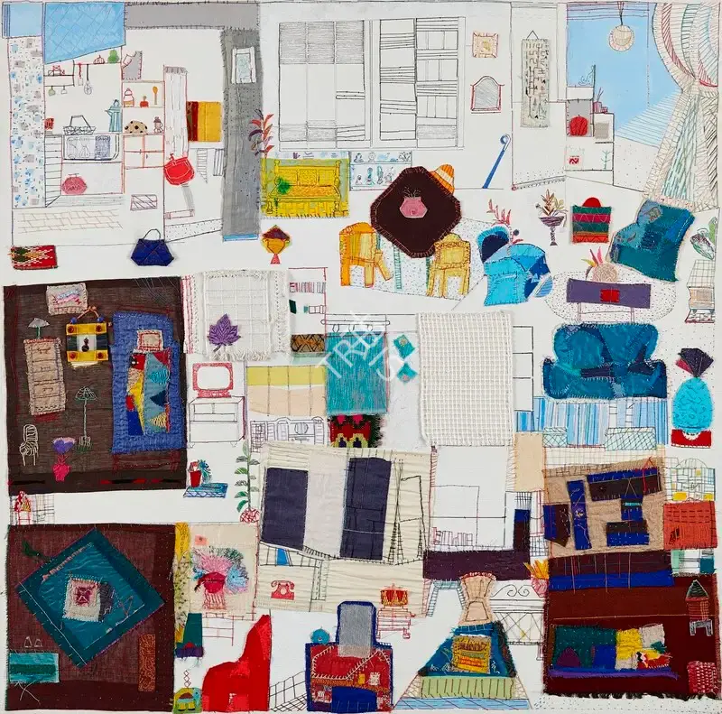 Chatterjee, Shreyasi (Artist). Loti, Laying Out The Interior. Stiches, colours, beads, sequins and ink on canvas, n.d. | Painting | FineArts | 00645788