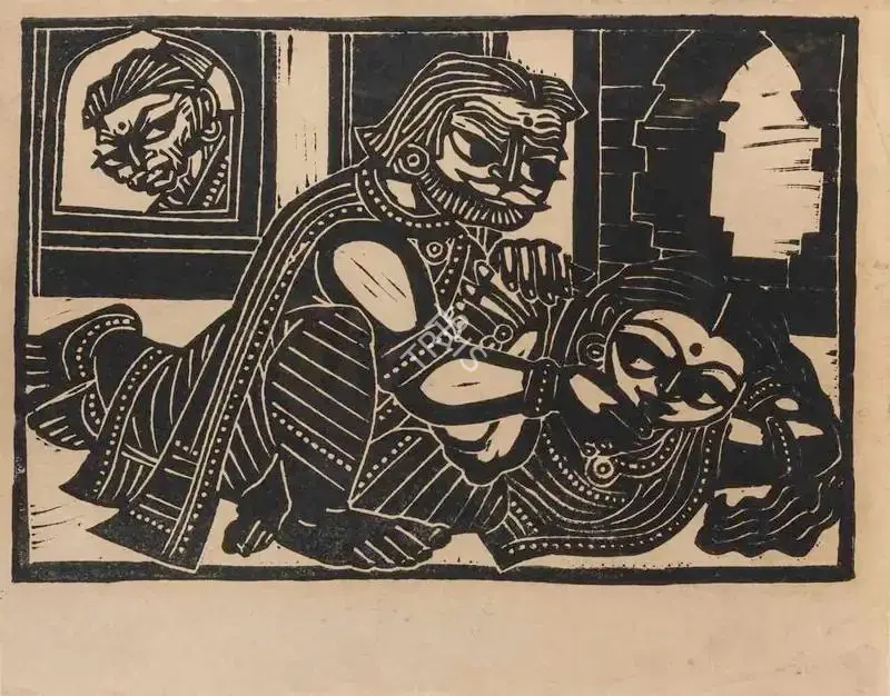 Chittaprosad (Artist). Ramayan Series: Dasharatha and Kaikeyi with Manthara watching. Linocut on paper, 1968 | Painting | FineArts | 00416097
