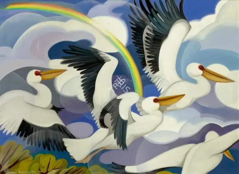 Senanayake, Senaka (Artist). Untitled (Cranes with Rainbow), 1992 | Painting