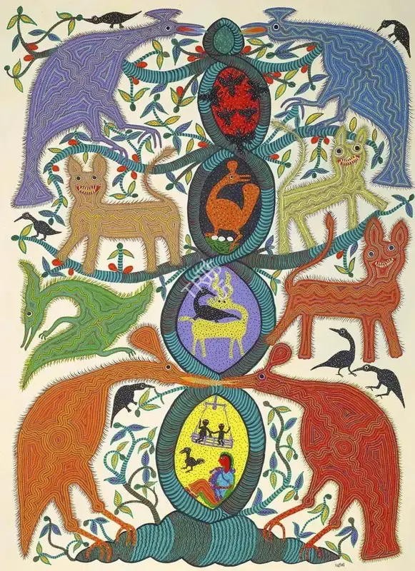 Bai, Bhuri (Artist). Ped aur Jungle Jivan. Acrylic on canvas, 2021 | Painting | EconomicsArt | 00871656