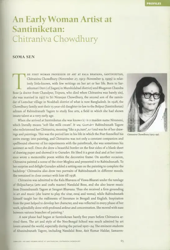Sen Gupta, Soma (Essayist). An Early Woman Artist at Santiniketan - Chitraniva Chowdhury. In Marg. 66(3), pp. 64-73. Mumbai: Radhika Sabavala, March 2015 | Essay | FineArts | 00669085