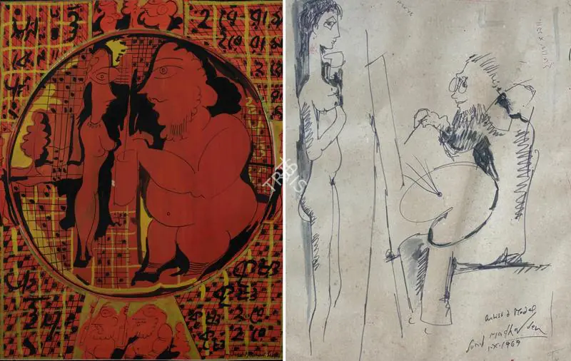 Sen, Sunil Madhav (Artist). Untitled (Couple/Artist & Model). Front Mixed media on paper and verso ink on paper, 1969 verso | Painting | EconomicsArt | 00870818
