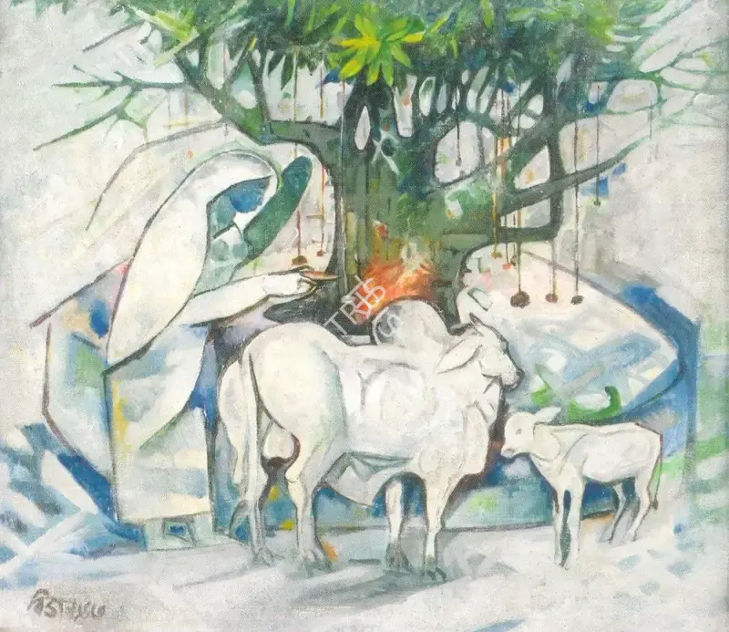 Choudhury, Bijon (Artist). Offering prayer, 1963 | Painting