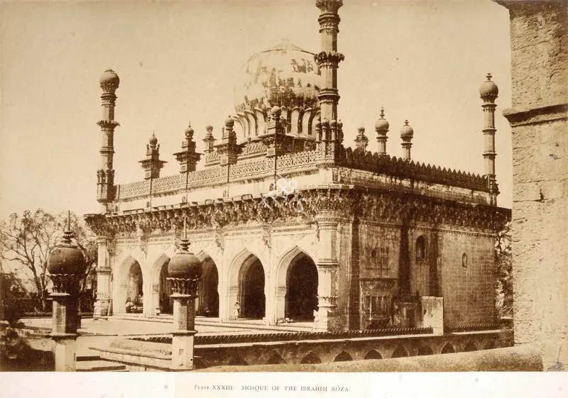 Biggs, Colonel Thomas (Photographer). Mosque of the Ibrahim Roza, Bijapur - From the album "Architecture at Beejapoore. An Ancient Mohammedan Capital in the Bombay Presidency Published by John Murray. London 1866. Photographs by Dr. William Henry Pigou, Dr. Andrew c.Neill and Col. Thomas Biggs with an historical and descriptive memoir by Colonel Meadows Taylor and  architectural notes by James Fergusson". Albumen print pasted on mount, 1855 | Antiquarian Photograph | Photography | 00115011