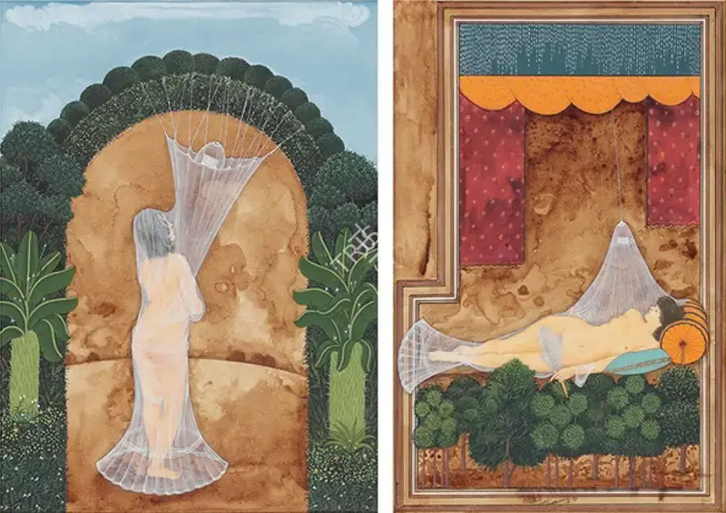 Ahmed, Waseem (Artist). Untitled; Untitled. Gouache and tea stain on wasli; Gouache tea stain and ink on paper, 2005 (each) | Painting | FineArts | 00643330