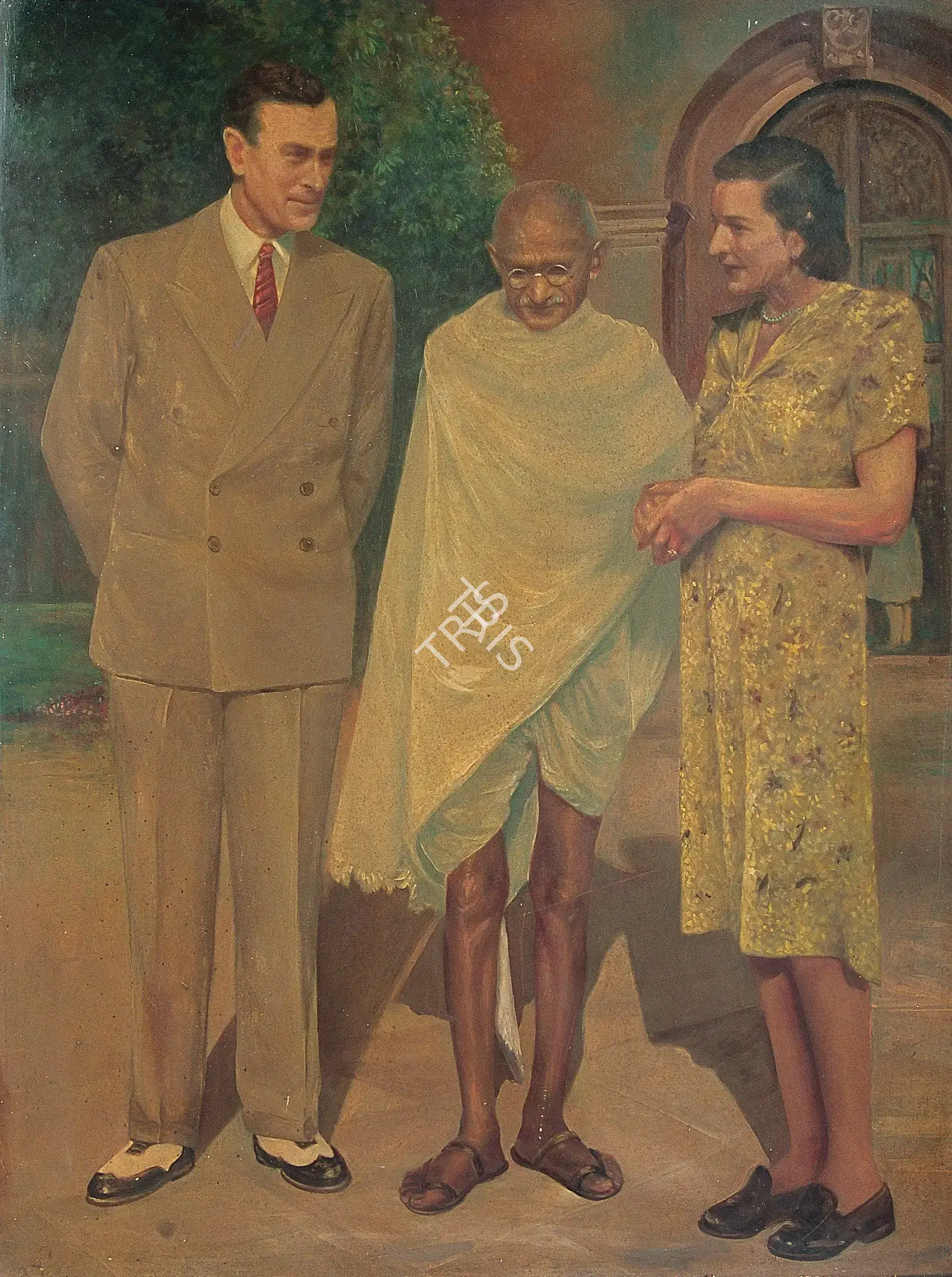 Khosa, Somnath (Artist). Gandhiji With Lord & Lady Mountbatten, c.1959 | Painting