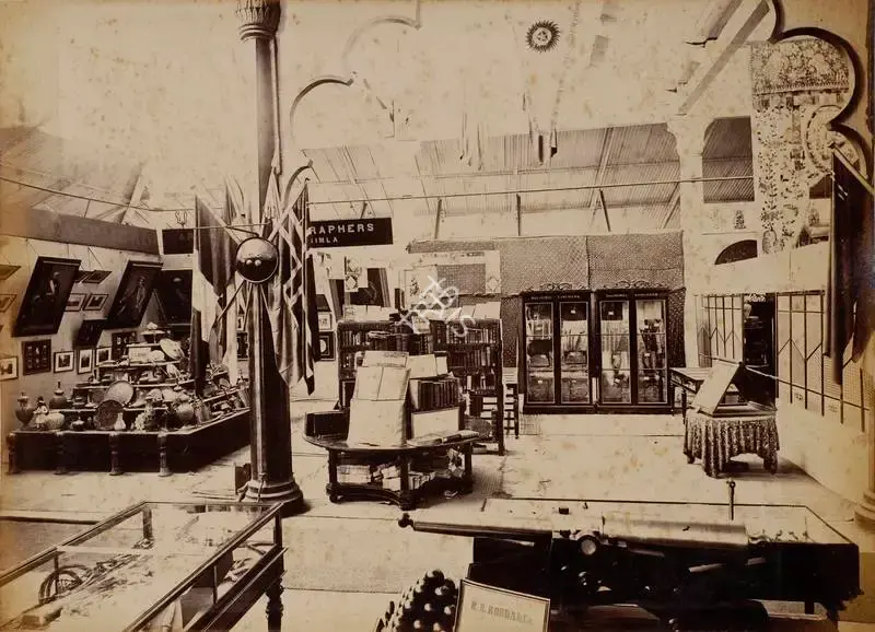 Narayan, Shew Shankar (Photographer). Interior of the Calcutta Court - 1st View - From the album 'Calcutta International 1883-84 Exhibition Views'. Albumen print pasted on mount, 1883-1884 | Antiquarian Photograph | Photography | 00115309