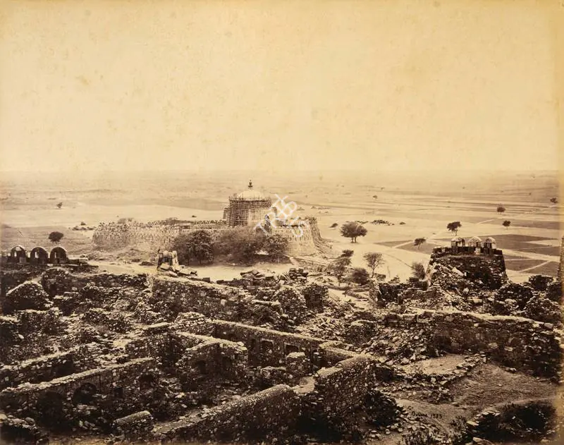 Bourne, Samuel (Photographer). Tomb of the Emperor Togluk - Ruins of the Fort in the foreground - From the album 'Views of Delhi and Umballa by Samuel Bourne'. Albumen print pasted on mount, c.1865-1866 | Antiquarian Photograph | Photography | 00115209
