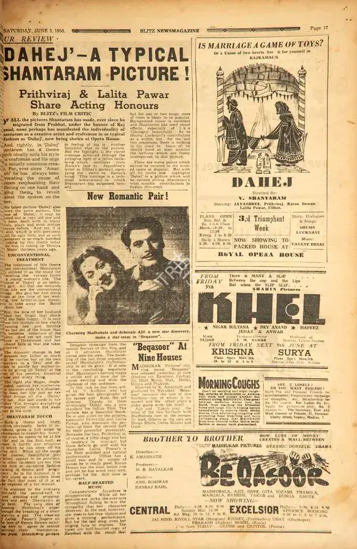 Dahej' - A Typical Hantaram Picture !. In Blitz - Asia's Foremost News Magazine. p. 17. Bombay: D.V. Nadkarni, 03 June 1950 | Film Review | CinemaEducation | 00143713