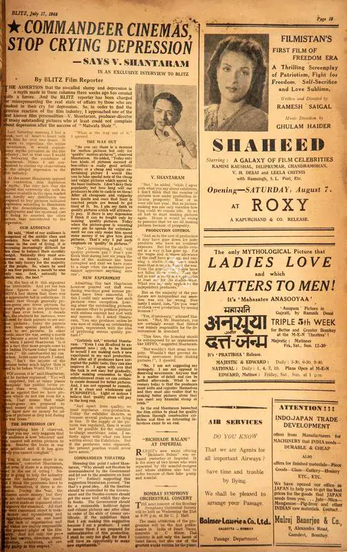 Commandeer Cinemas, Top Crying Depression. In Blitz - Asia's Foremost News Magazine. p. 19. Bombay: R.K. Karanjia, 17 July 1948 | Film Review | CinemaEducation | 00143655