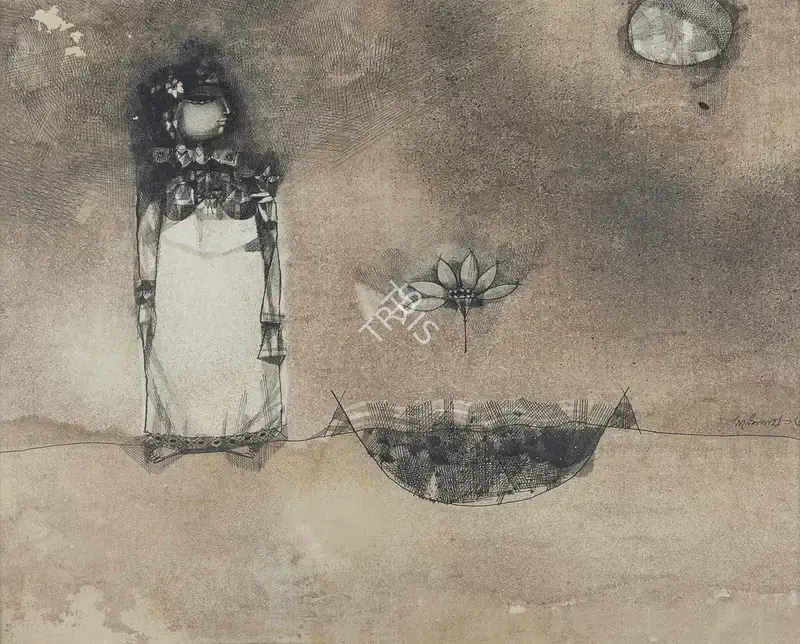 Pyne, Ganesh (Artist). Untitled (Boat, Lotus and Moon), 1968 | Drawing