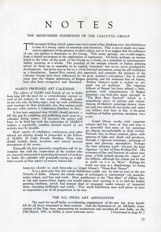Silva, Anil de (Essayist). Notes - The Midsummer Exhibition of the Calcutta Group. In Marg. 1(4), p. 73. Bombay: Modern Architectural Research Group, July 1947 | Essay | FineArts | 00668753, 1947