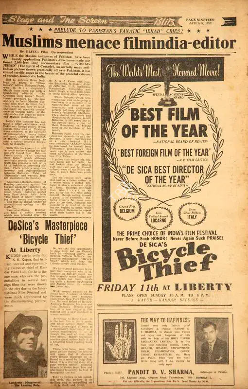 Muslims Menace Filmindia-Editor. In Blitz - Asia's Foremost News Magazine. p. 19. Bombay: R.K. Karanjia, 05 April 1952 | Film Review | CinemaEducation | 00144112