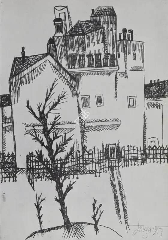 Souza, F.N. (Artist). Houses with Tree, 1953 | Drawing