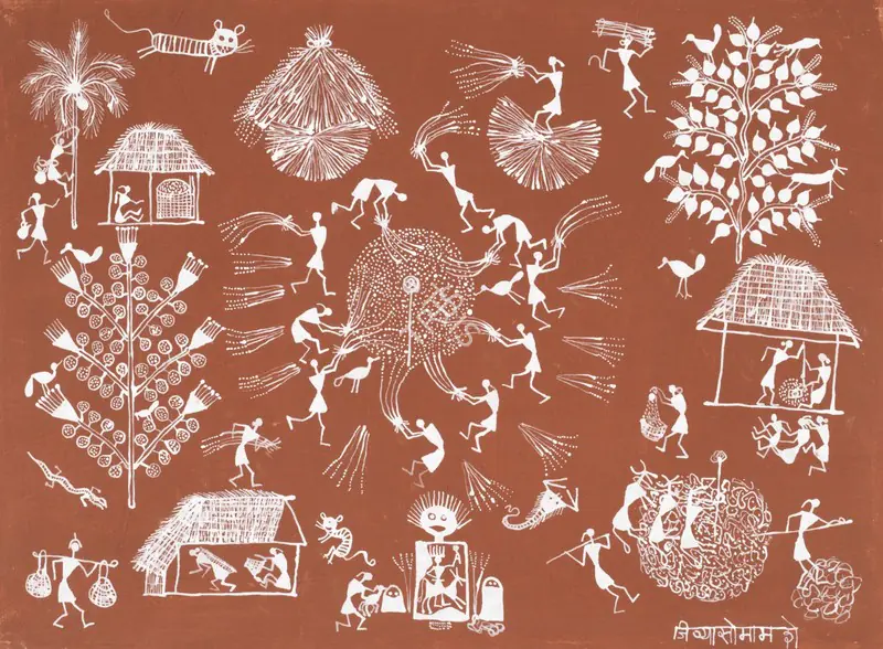 Mashe, Jivya Soma (Artist). Untitled (Threshing) (Warli). Acrylic on canvas, n.d. | Painting | FineArts | 00357730