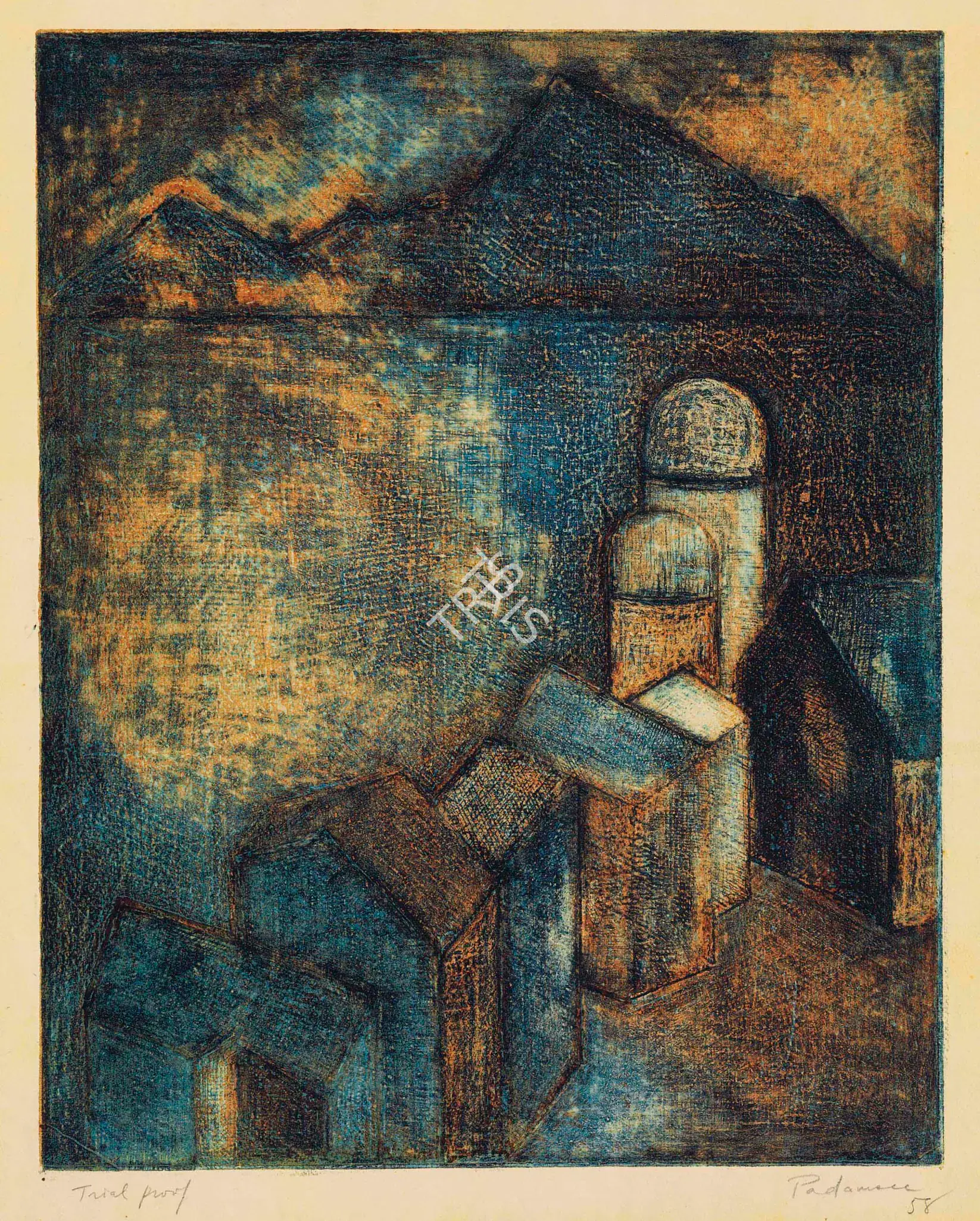 Padamsee, Akbar (Artist). Cityscape. Etching in colour on paper, 1958 | Graphic Art | FineArts | 00899494