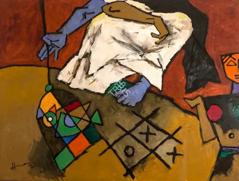 Husain, M.F. (Artist). A Magician Dangles the Fortune Bird in a Cage, 2005 | Painting