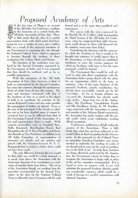 Proposed Academy of Arts. In Marg. 3(1), p. 57. Bombay: Modern Artists and Architects Research Group, January 1949 | Essay | FineArts | 00668769