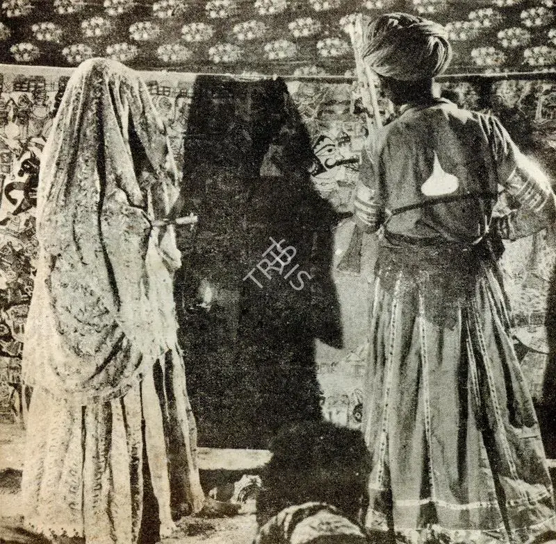 Jain, Jyotindra (Photographer). Bhopa and Woman with lamp in front of Pabuji Pas, Rajasthan, n.d. | Contemporary Photograph