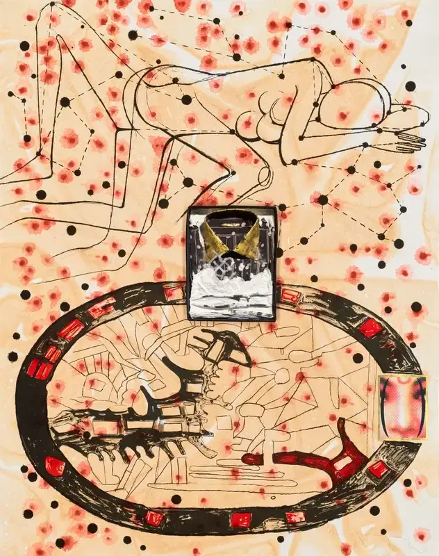 Dodiya, Atul (Artist). Sabari Sleeping with the Stars. Four color lithograph, digital print, gold leaf, flocking, cotton shirt, vine charcoal stick, screen printing ink, paper pulp and handmade paper box on stained handmade STPI cotton and linen paper; Edition 2/12, 2005 | Graphic Art | EconomicsArt | 00869832