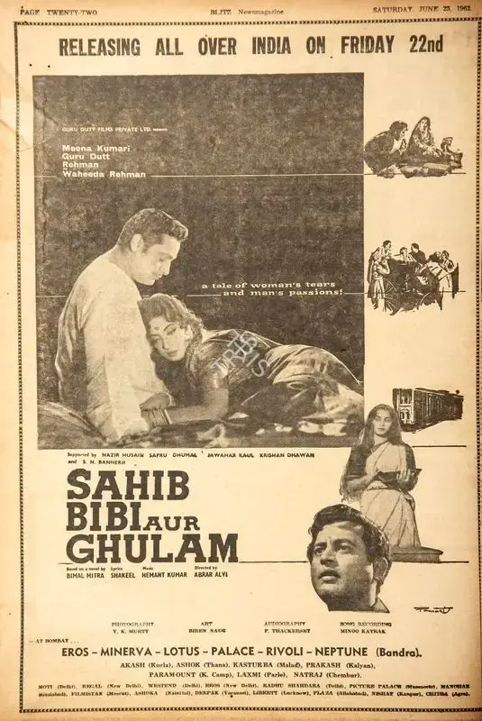 Sahib Bibi aur Ghulam . In Blitz - Hindi Sanskaran. p. 22. Bombay: Homi D. Mistry, 23 June 1962 | Film Review | CinemaEducation | 00142678