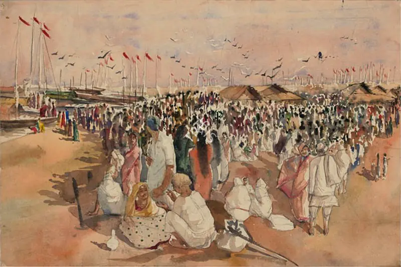 Bhattacharjee, Bikash (Artist). Mela. Watercolour on paper, 1959 | Painting | FineArts | 00645740