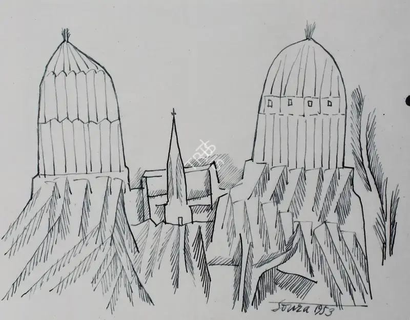 Souza, F.N. (Artist). Landscape with a church and two domed buildings, 1953 | Drawing