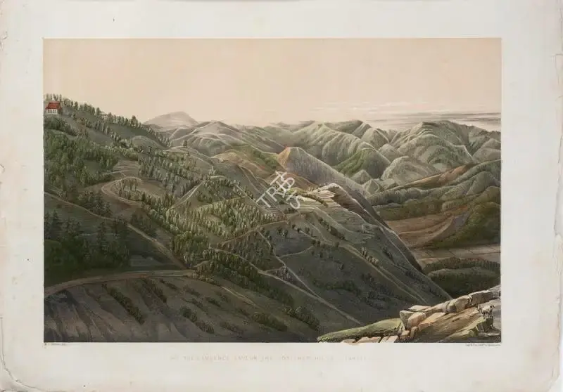 Walton, W.L. (Lithographer). The Lawrence Asylum and Soniawur Hills - Sunset, circa 1852 | Lithograph