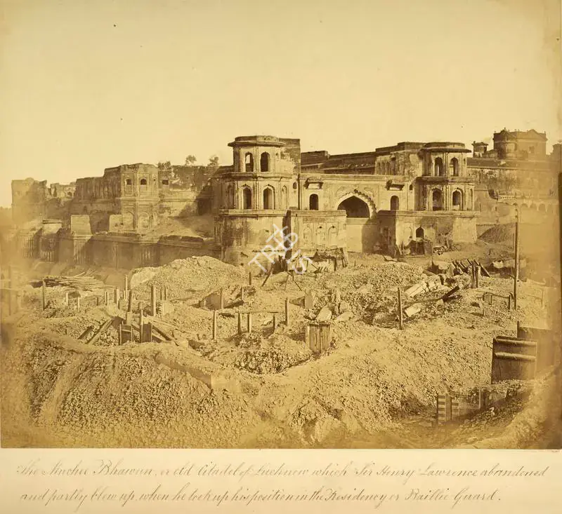 Beato, Felice (Photographer). The Muchee Bhawun or old citadel of Lucknow which Sir Henry Lawrence abandoned and partly blew up, when he took up his position in the Residency or Baillie Guard, Lucknow - India after Mutiny. Albumen print pasted on mount, March-April 1858 | Antiquarian Photograph | Photography | 00116276