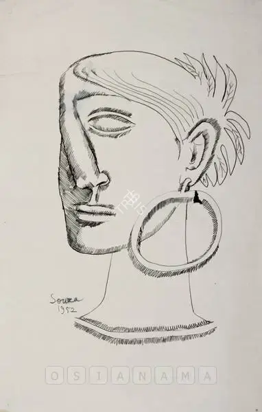 Souza, F.N. (Artist). Portrait Of A Woman With An Ear-Ring, 1952 | Drawing