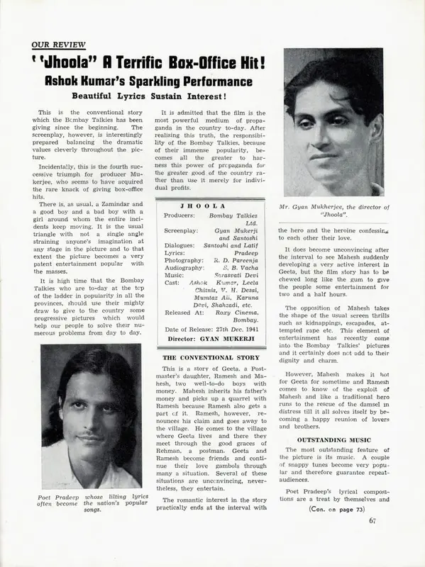 Jhoola" A Terrific Box- Office Hit! - Ashok Kumar's Sparkling Performance. In Filmindia. 8(2), pp. 67, 73. Bombay: Baburao Patel, Feburary 1942 | Film Review | CinemaEducation | 00858711