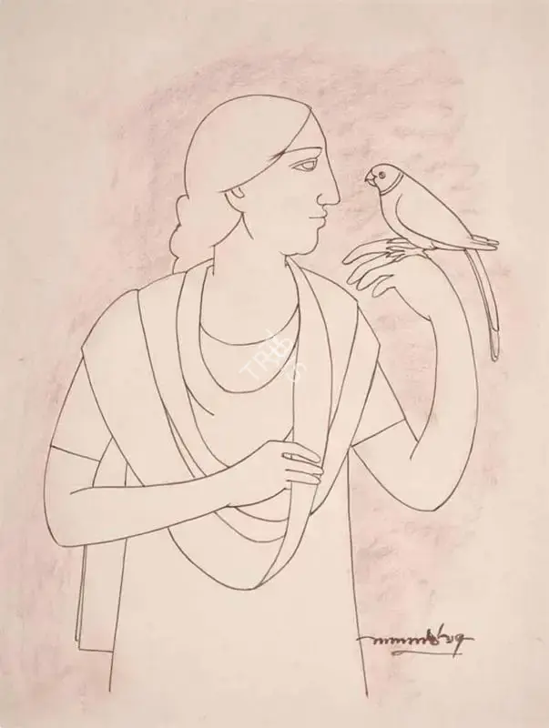 Shaw, Lalu Prasad (Artist). Woman with parrot, 1997 | Drawing
