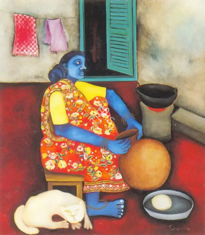 Bhattacharya, Shipra (Artist). Radha and Pussy. Oil on canvas, 1991 | Painting | FineArts | 00374136