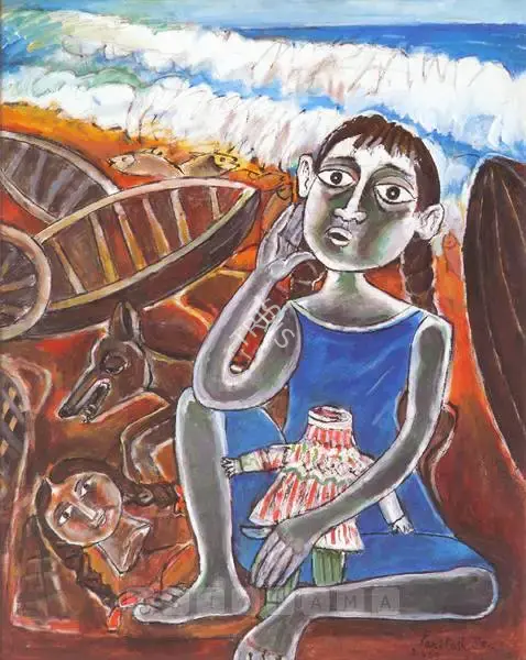 Sen, Paritosh (Artist). Girl With The Broken Doll. Acrylic on canvas, 2005 | Painting | FineArts | 00756734