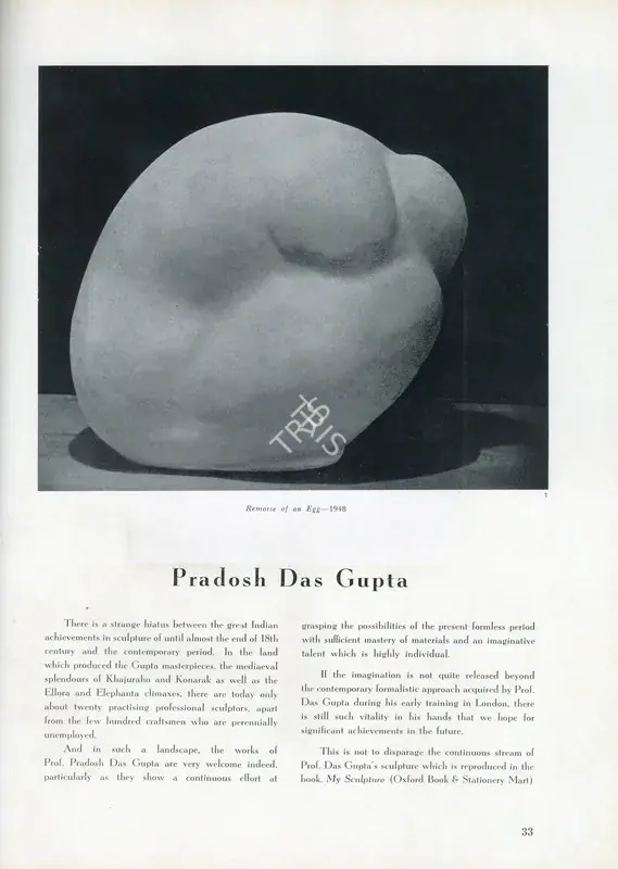 A., M.R. (Essayist). Pradosh Das Gupta. In Marg. 10(1), pp. 33-36. Bombay: Marg, December 1956 | Essay | FineArts | 00668845, 1956