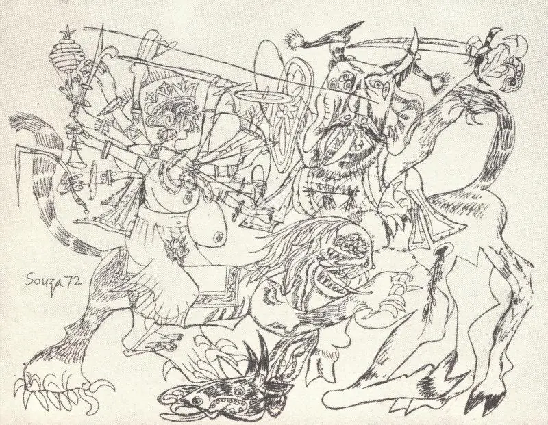 Souza, F.N. (Artist). Goddess Slaying the Buffalo Demon. 1972 | Art Heritage 6, 1986-1987 | Drawing | FineArts | 00530212