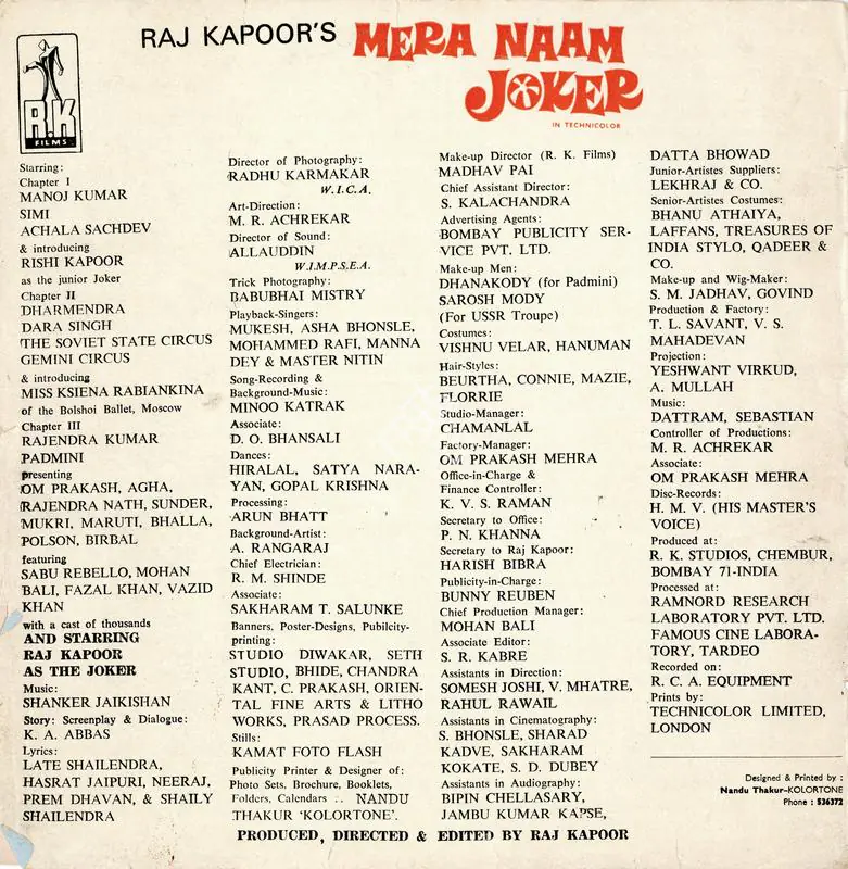 Kapoor, Raj (Producer), Mera Naam Joker, 1970 | Song Synopsis Booklet | CinemaEducation | 00543461