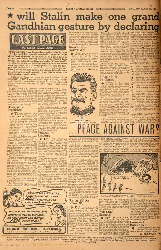 Abbas, Khwaja Ahmad (Columnist). Will Stalin Make One Grand Gandhian Gesture by Declaring. In Blitz - Asia's Foremost News Magazine. p. 20. Bombay: Homi D. Mistry, 12 May 1951 | Essay | CinemaEducation | 00464510