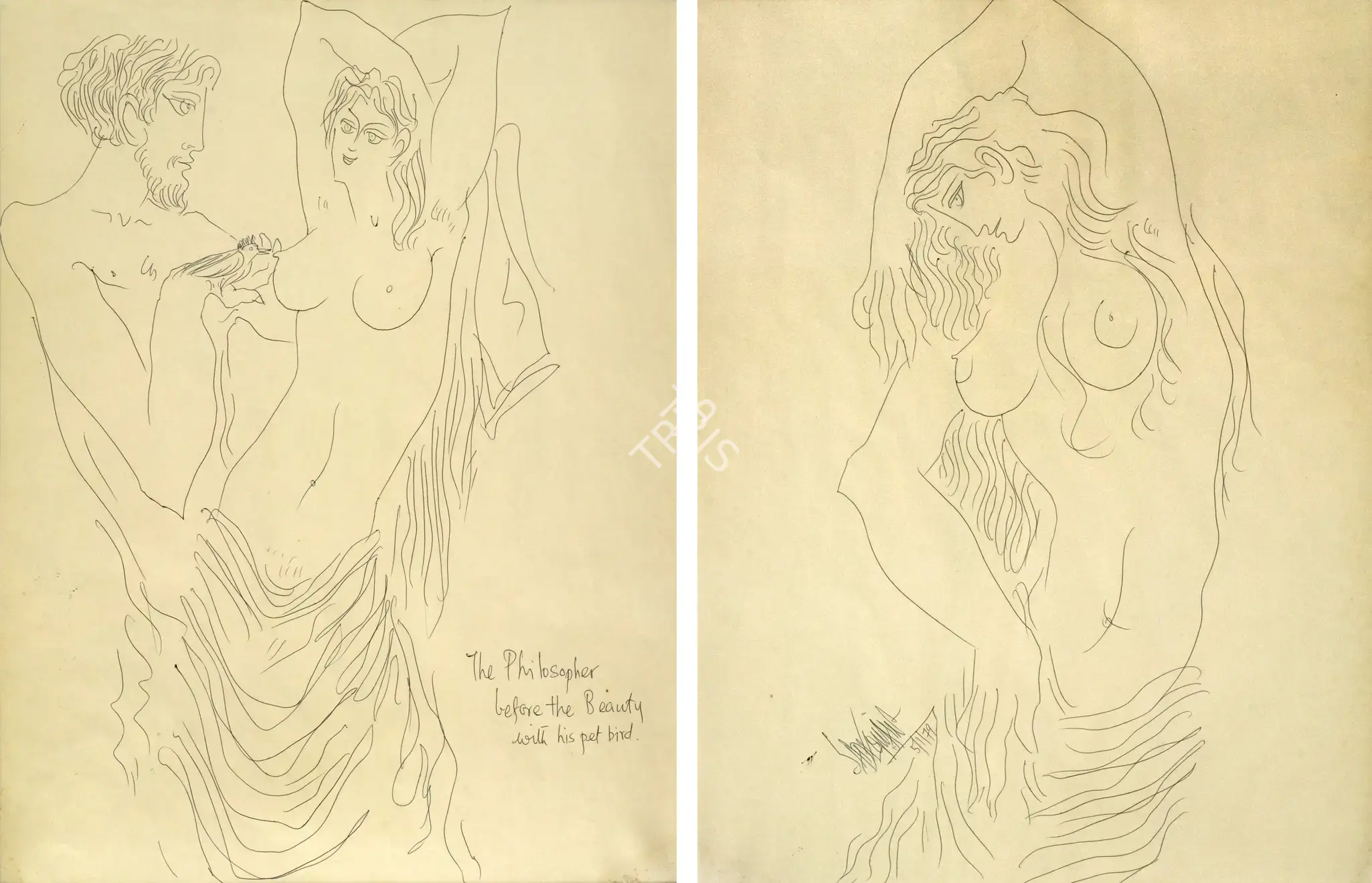 Sadequain (Artist). The Philosopher Before The Beauty With His Pet Bird (Both Sided Drawing), 1979 | Drawing