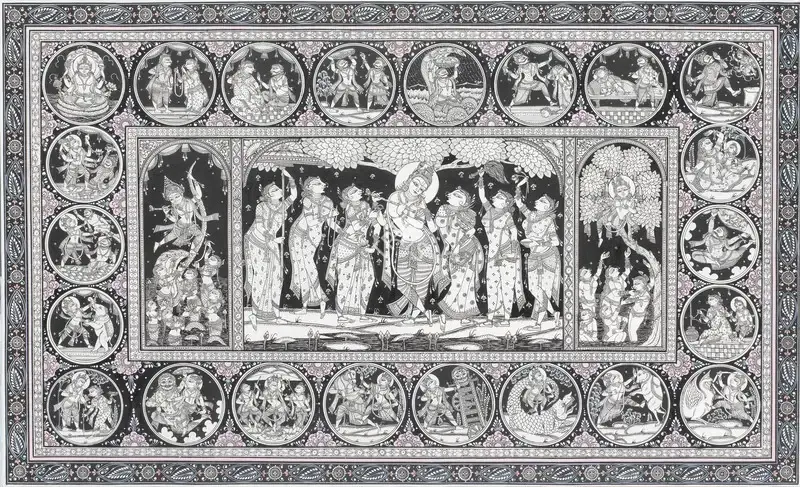 Das, Pranab Narayan (Artist). Untitled (Rechristened Krishna and the Gopis). Natural pigments on handmade patta (paper), framed, n.d. | Painting | FineArts | 00604149