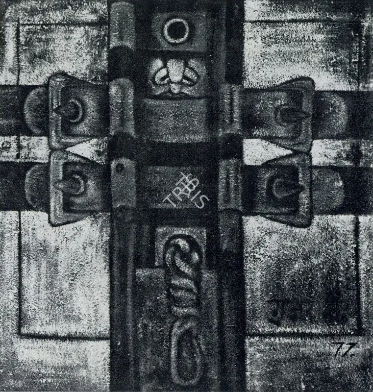 Gujral, Satish (Artist). The Prisoner. Oil, saw-dust and plastic on canvas, 1977 | Pictorial Space, 1978 | Painting | FineArts | 00149569