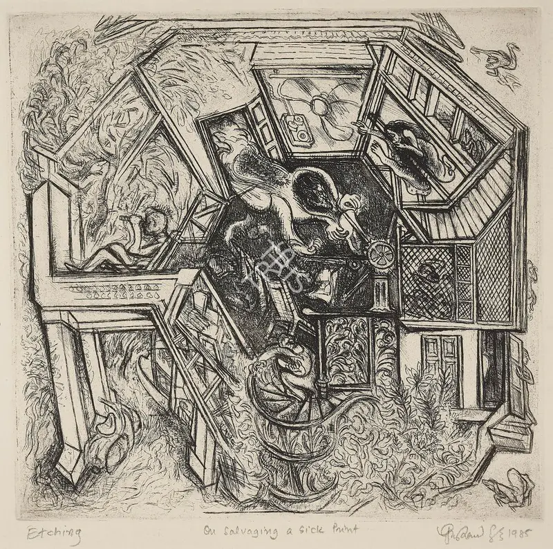 Sheikh, G.M. (Artist). On Salvaging a Sick Print. Etching on paper, 1985 | Graphic Art | FineArts | 00353678